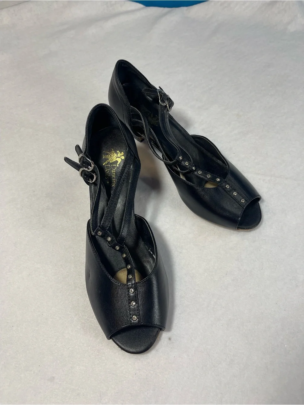 Dancing Dolls Black Leather Ballroom Latin Dance Shoes T-Strap Rhinestone 8.5W